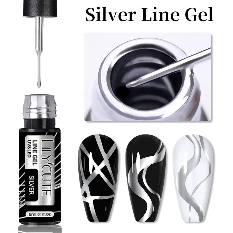 LILYCUTE 5ML Metallic Painting Liner Gel Nail Polish Super Bright Gold Silver Mirror Drawing Gel Semi Permanent Line French Nail