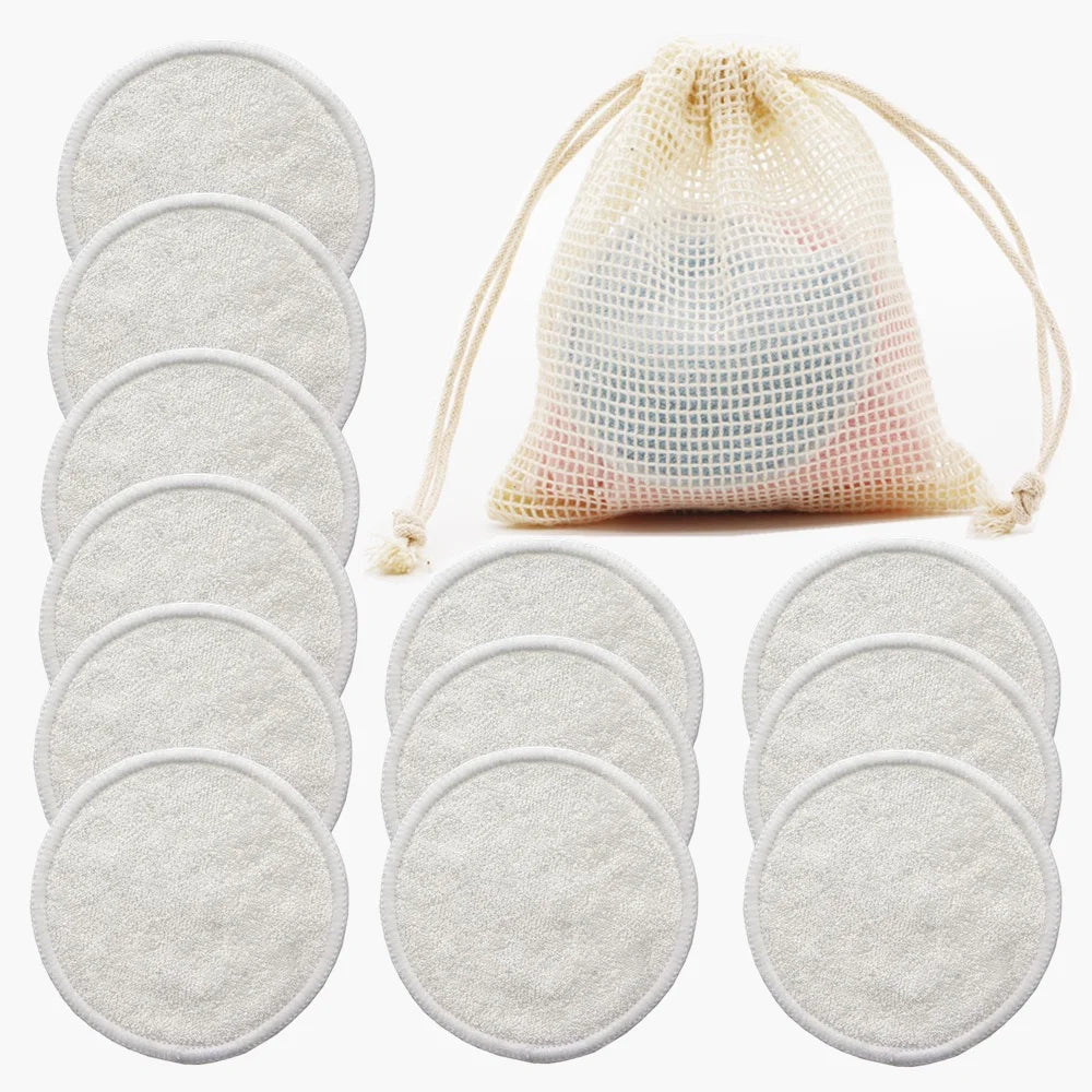 Reusable Bamboo Makeup Remover Pads 12pcs/Bag Washable Rounds Cleansing Facial Cotton Make Up Removal Pads Tool