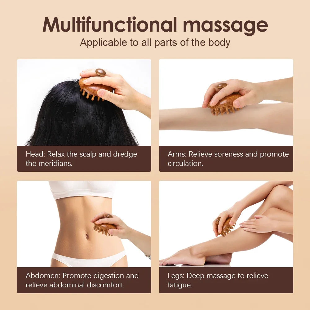 Sandalwood Massage Comb Finger Ring Comb Head Meridian Comb Scalp Massager Anti-Static Wooden Brush Guasha Tool for Full Body